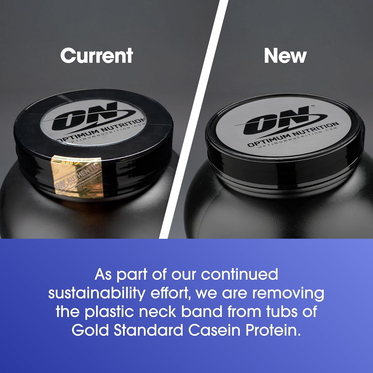 Comparison of Optimum Nutrition Gold Standard Casein Protein lids with text about sustainability effort.