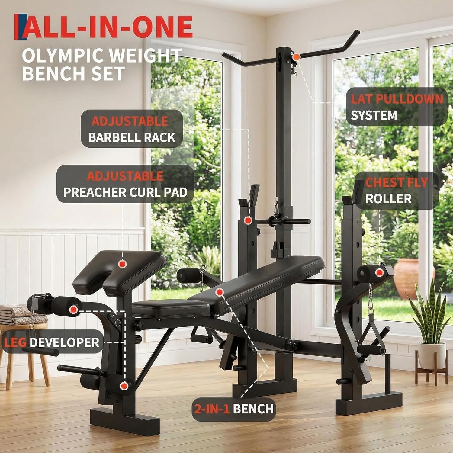 All-in-one Olympic weight bench set with various attachments in a home gym setting.