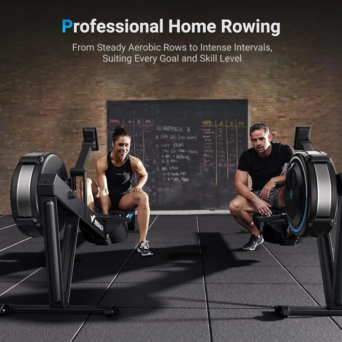 Two people using rowing machines with a chalkboard in the background.