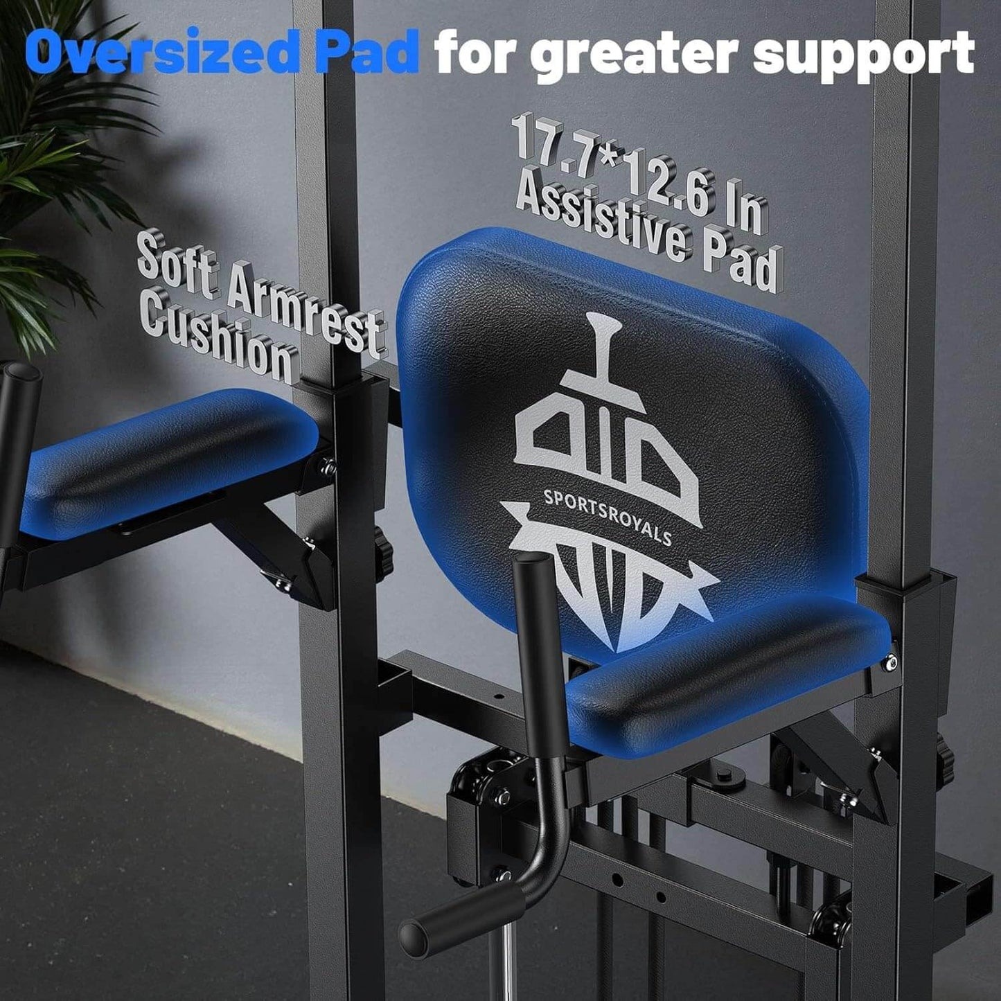 Assistive pad with soft armrest cushion on a gym machine, featuring SportsRoyals branding.