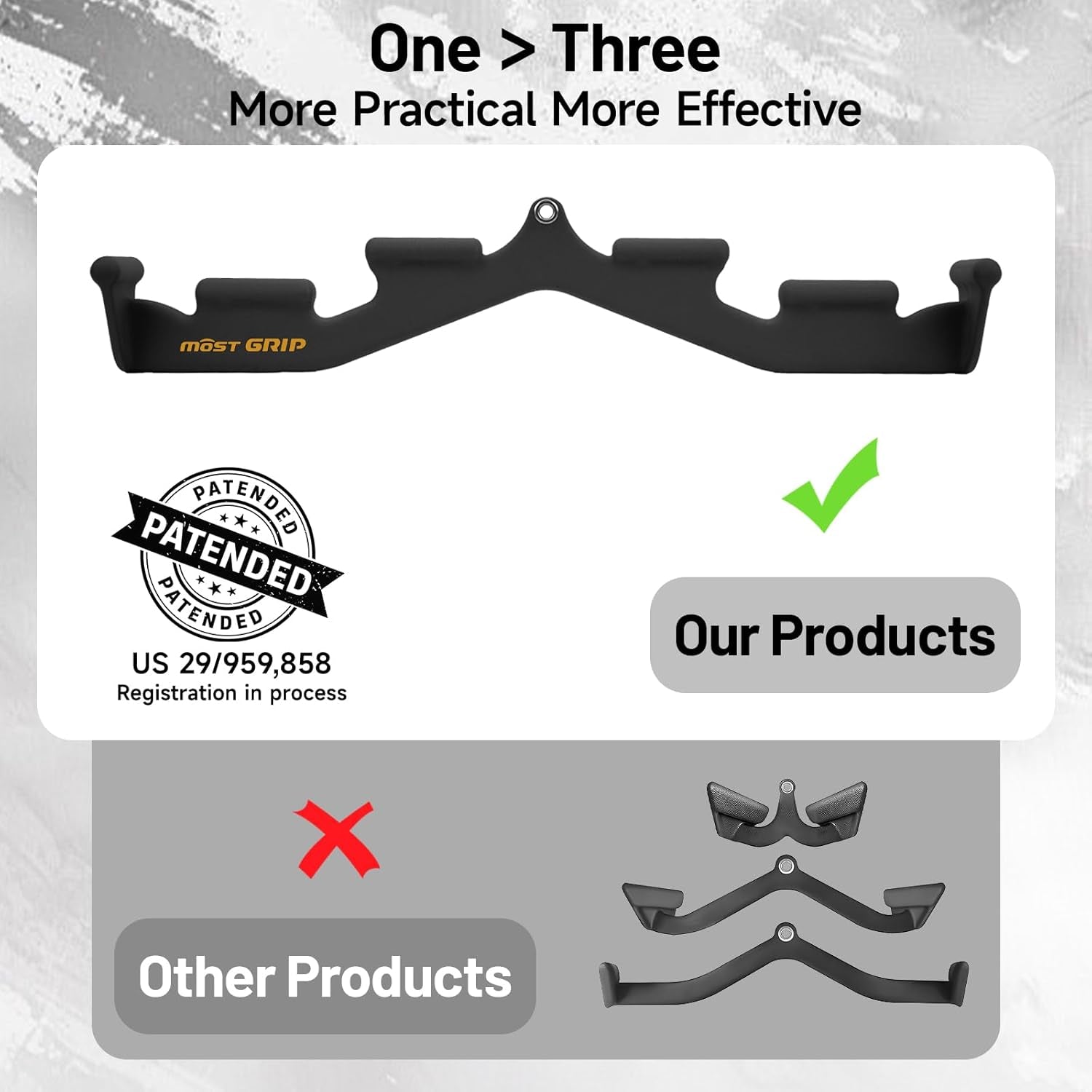 Product comparison graphic showing 'One > Three' with a patented design and registered patent number.