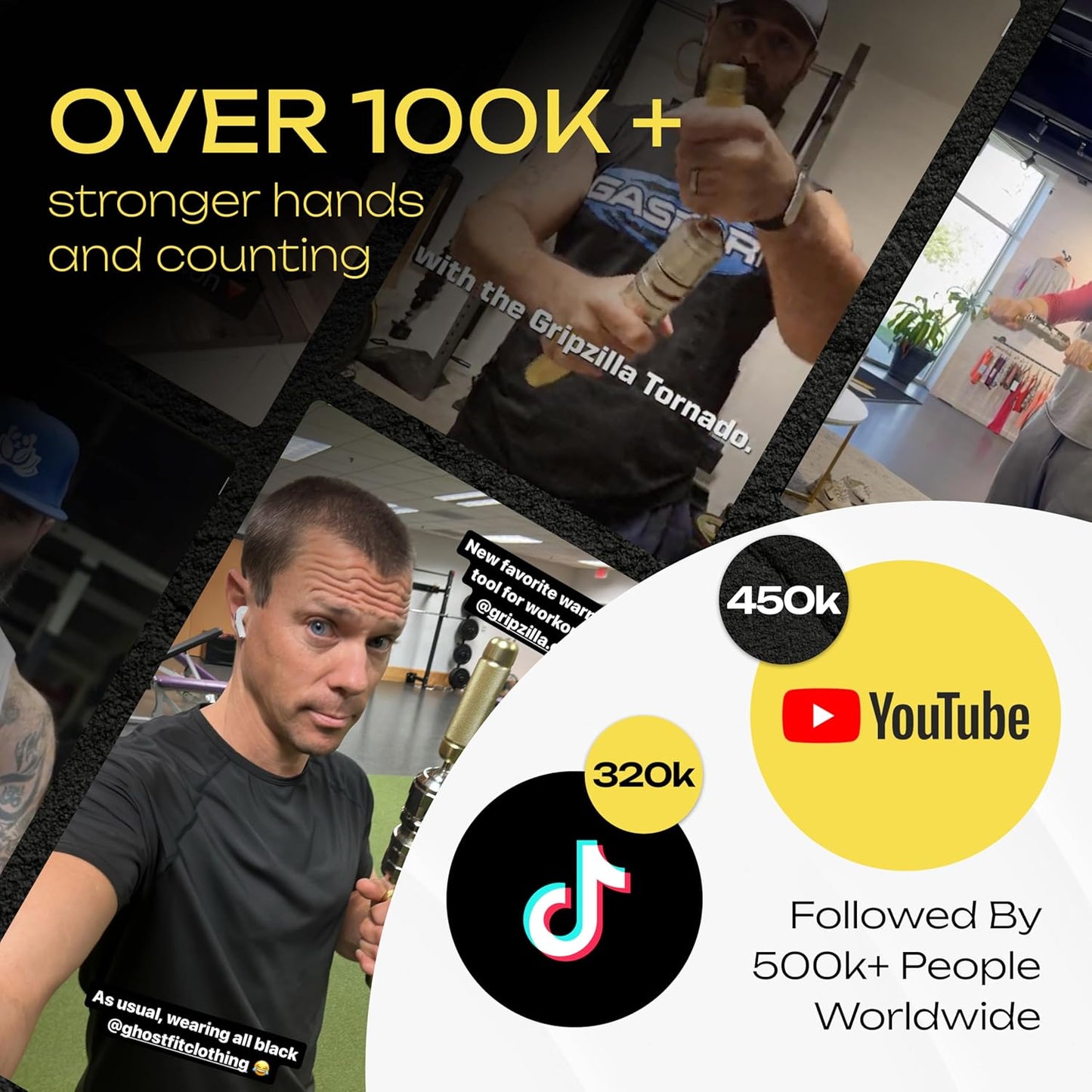 Promotional graphic with a man holding a large object, social media statistics, and YouTube logo.