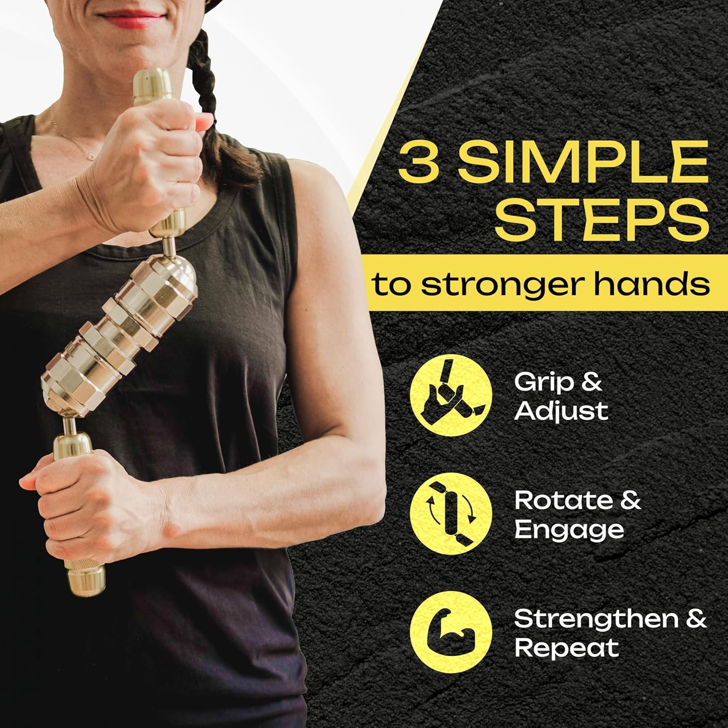 Person using a hand gripper with text on 3 simple steps to stronger hands.