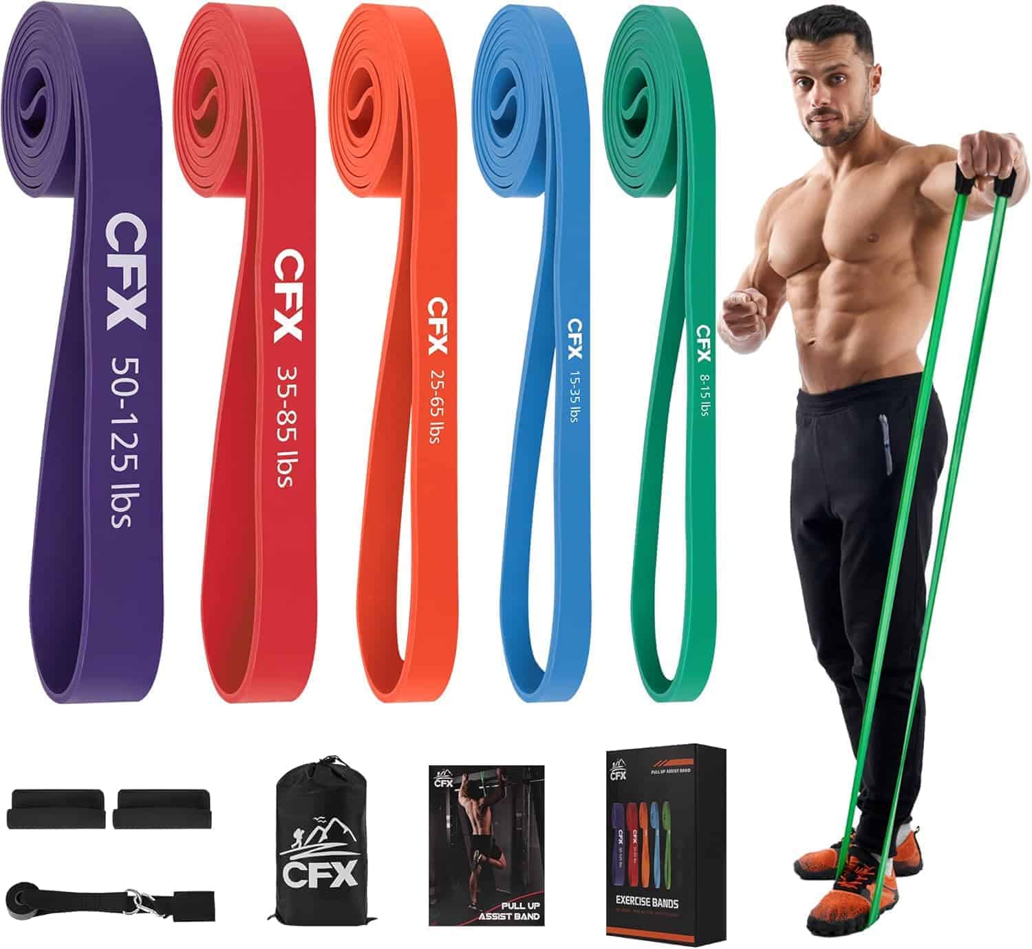 Set of CFX resistance bands in various colors with a man using a green band.