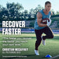 Man running with a football on a sports field, with text about recovery and a quote from Christian McCaffrey.