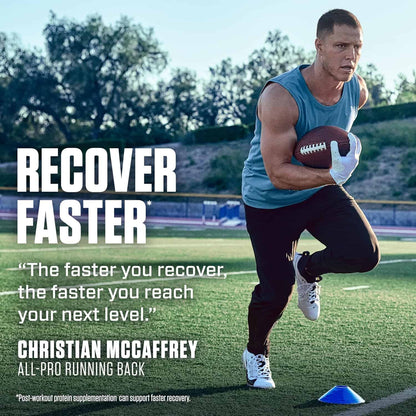 Man running with a football on a sports field, with text about recovery and a quote from Christian McCaffrey.