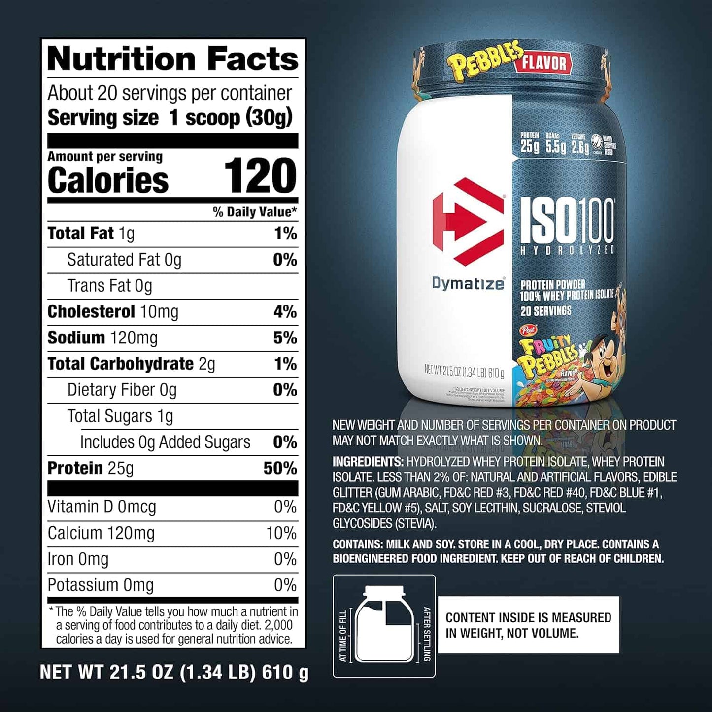 Dymatize ISO 100 Hydrolyzed protein powder container with nutrition label on a dark background