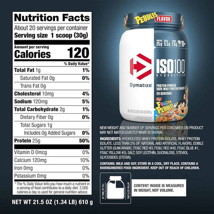 Dymatize ISO 100 Hydrolyzed protein powder container with nutrition label on a dark background