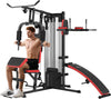 Man using a home gym machine with red and black equipment on a white background