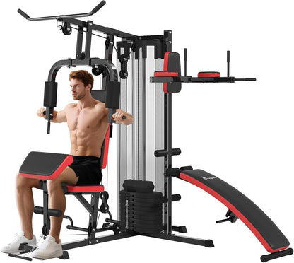 Man using a home gym machine with red and black equipment on a white background