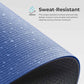 Blue and black textured mat with sweat-resistant feature text on a light gray background