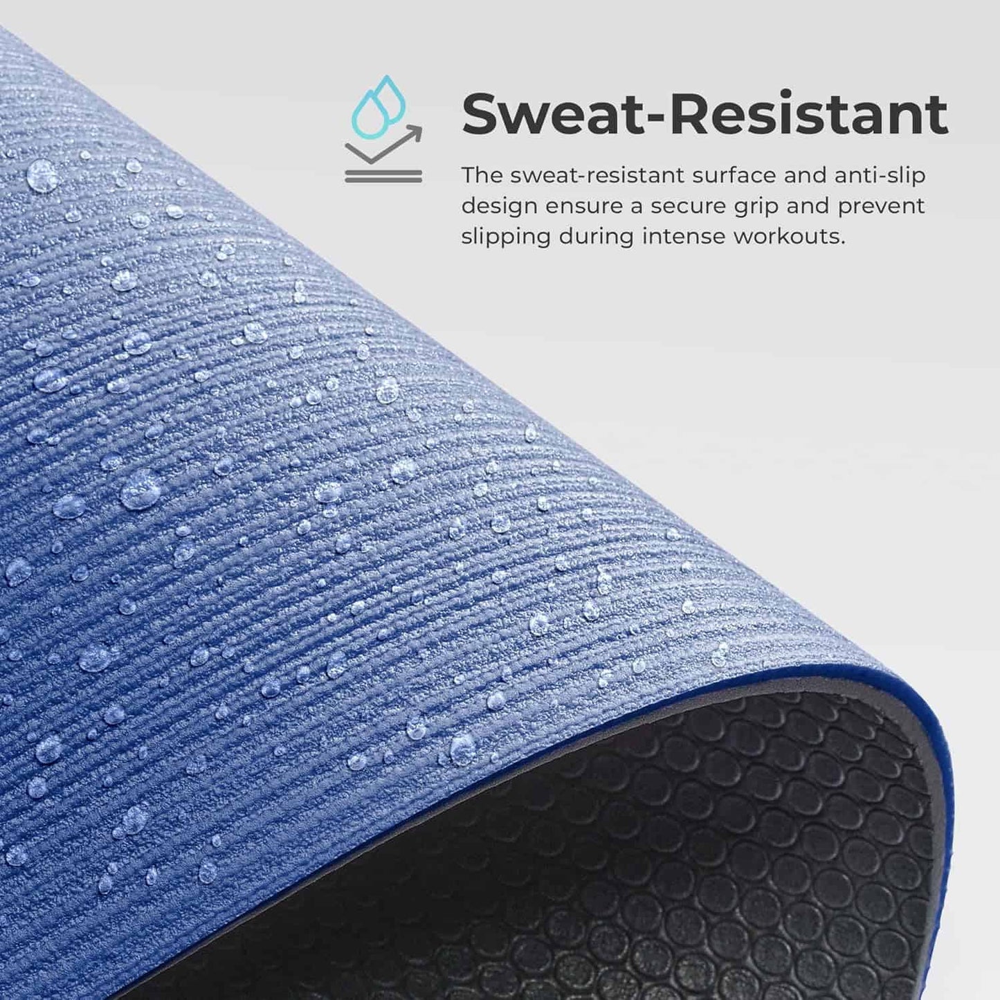 Blue and black textured mat with sweat-resistant feature text on a light gray background