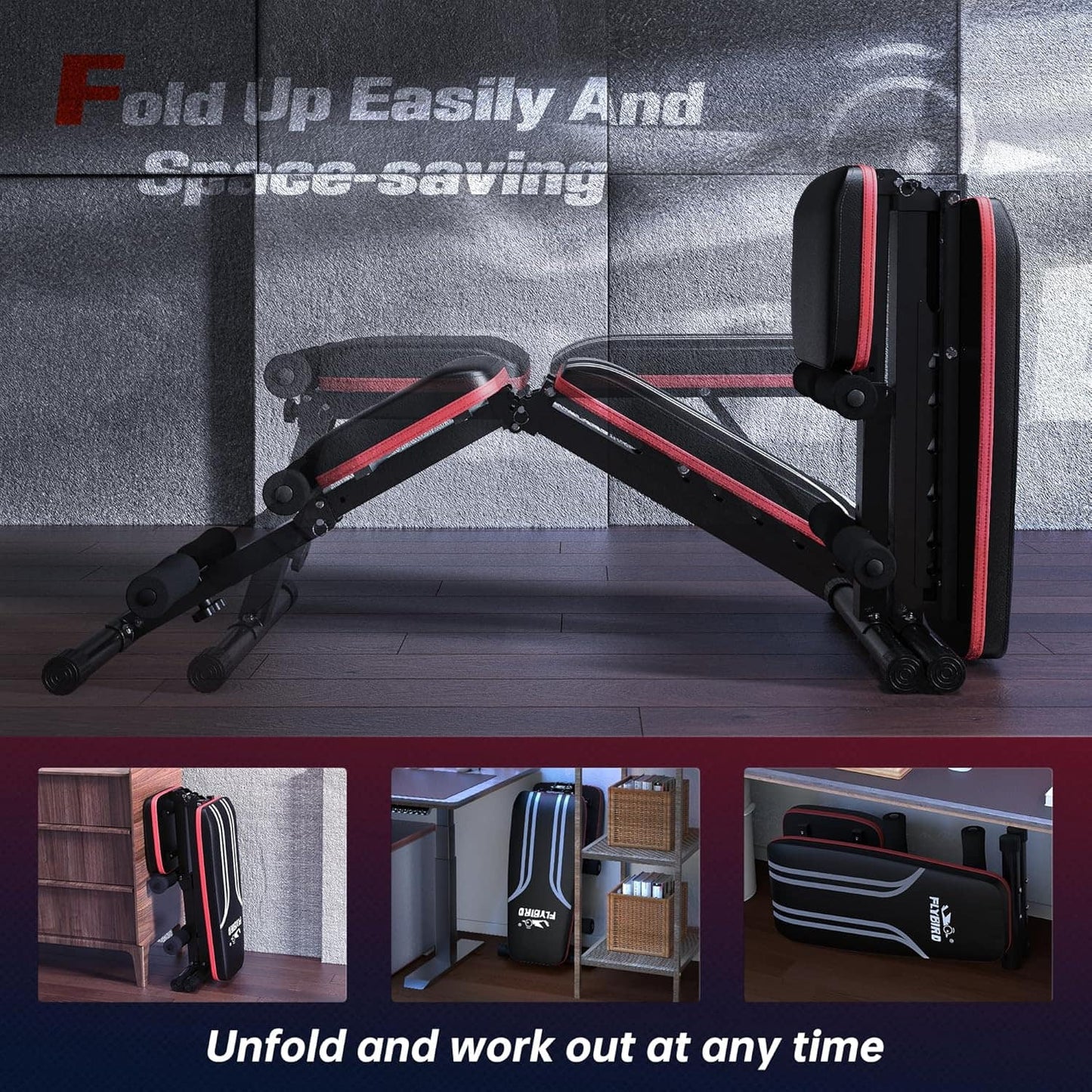 Foldable exercise bench with space-saving features on a wooden floor.