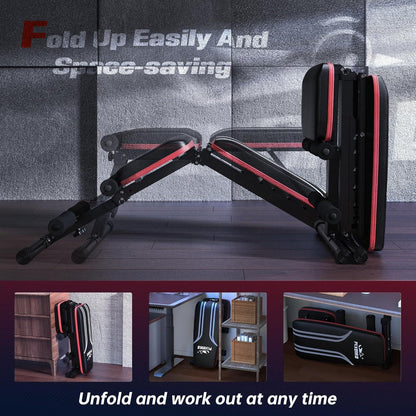 Foldable exercise bench with space-saving features on a wooden floor.