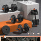 Feierdun adjustable dumbbells set with weight range display on a gray and orange background.