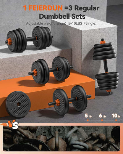 Feierdun adjustable dumbbells set with weight range display on a gray and orange background.