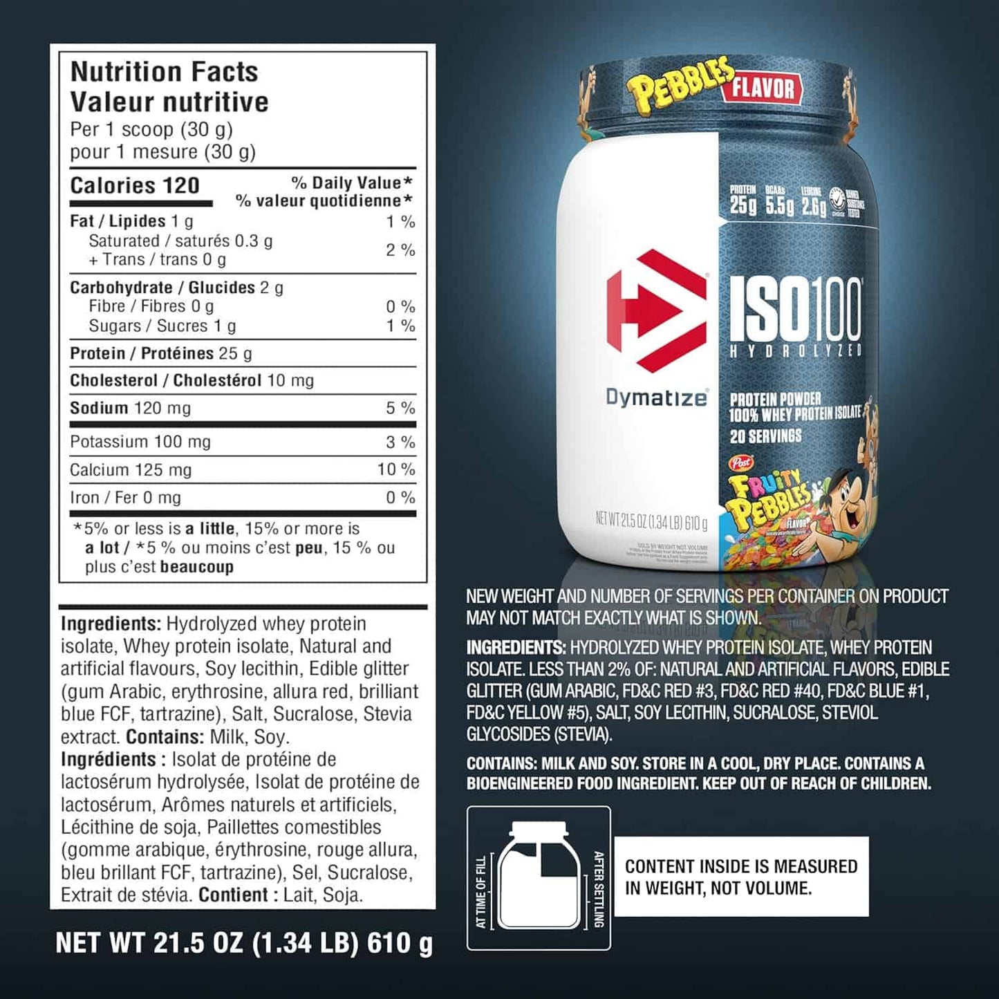 Dymatize ISO 100 Hydrolyzed protein powder container with nutritional information on a dark background