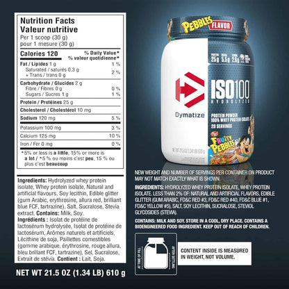 Dymatize ISO 100 Hydrolyzed protein powder container with nutritional information on a dark background