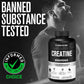 Creatine supplement bottle with 'Banned Substance Tested' text and 'Informed Choice' logo.