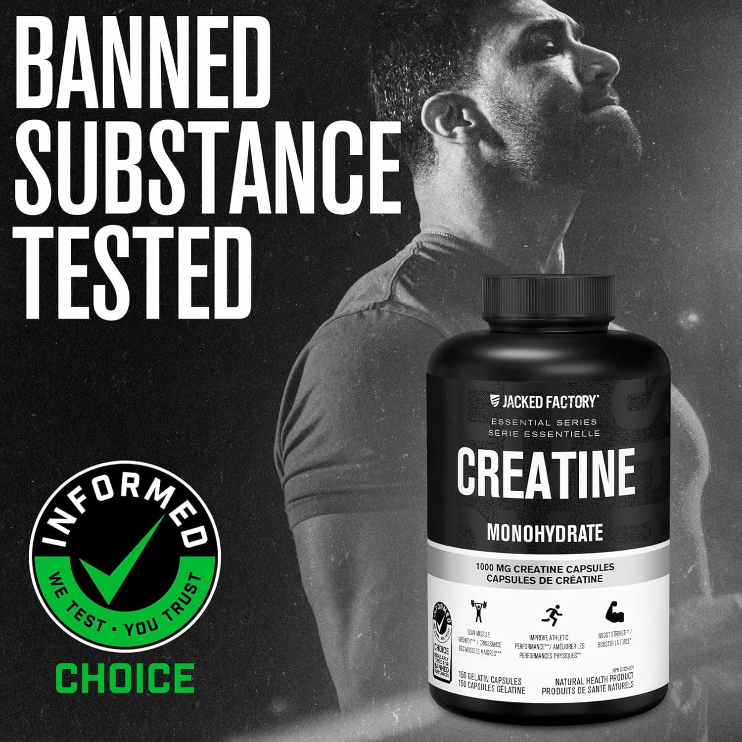 Creatine supplement bottle with 'Banned Substance Tested' text and 'Informed Choice' logo.