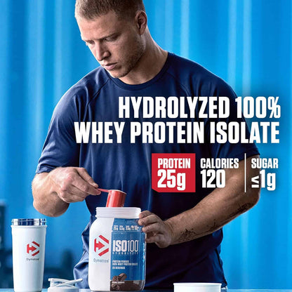 Man preparing a protein shake with ISO100 whey protein isolate container against a blue background
