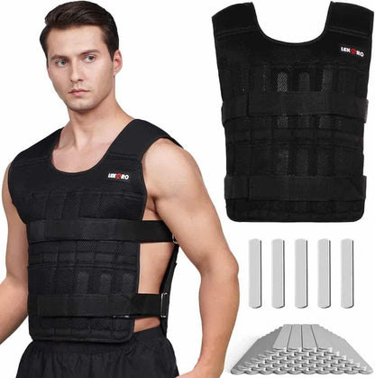 Man wearing a black weighted vest with additional weights and straps displayed on a white background