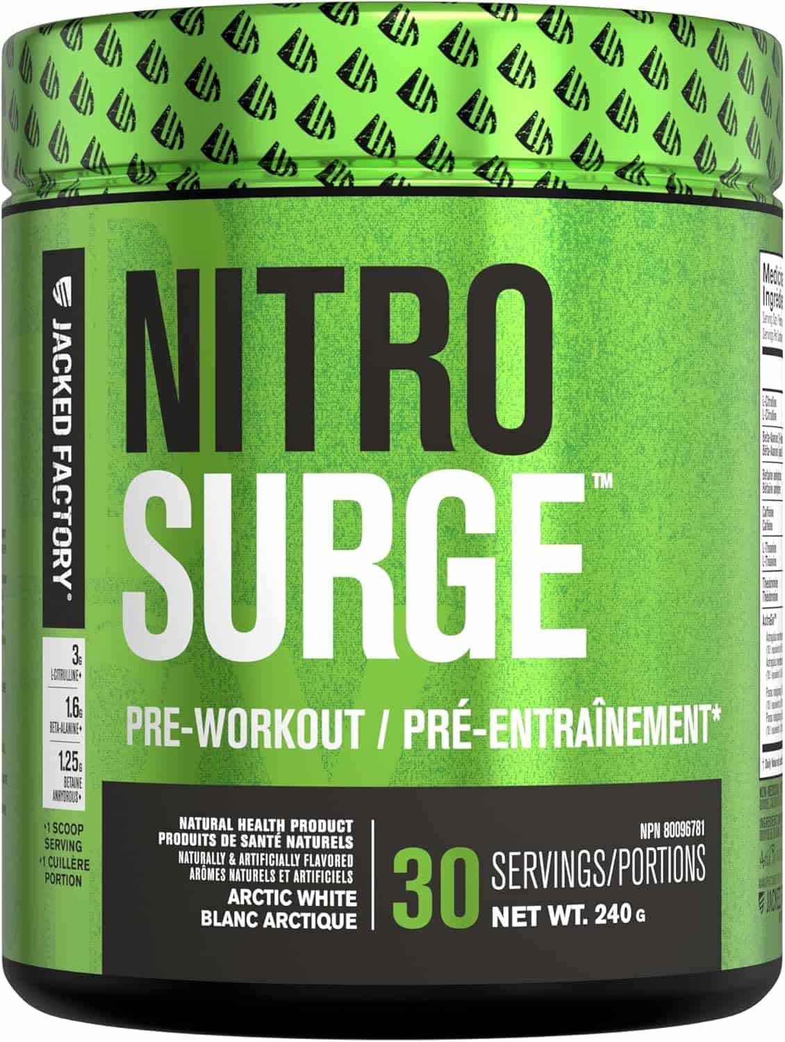 Green container of Nitro Surge pre-workout supplement with black text