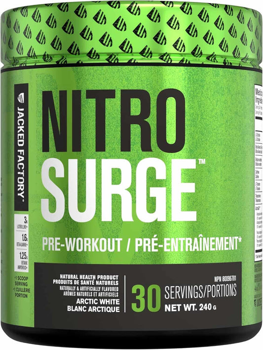 Green container of Nitro Surge pre-workout supplement with black text