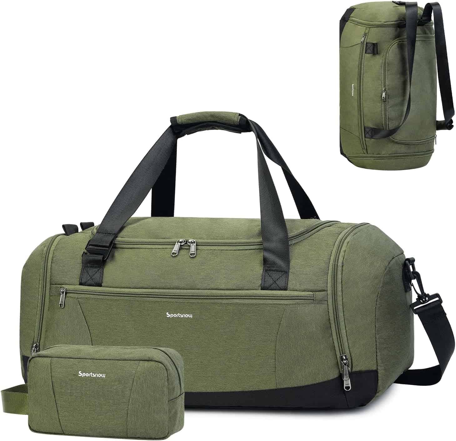 Green duffel bag with black straps and a smaller green pouch on a white background