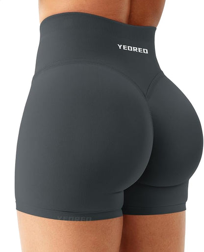 Black athletic shorts with YEOREO branding on a white background