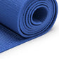 Rolled-up blue yoga mat on a white background