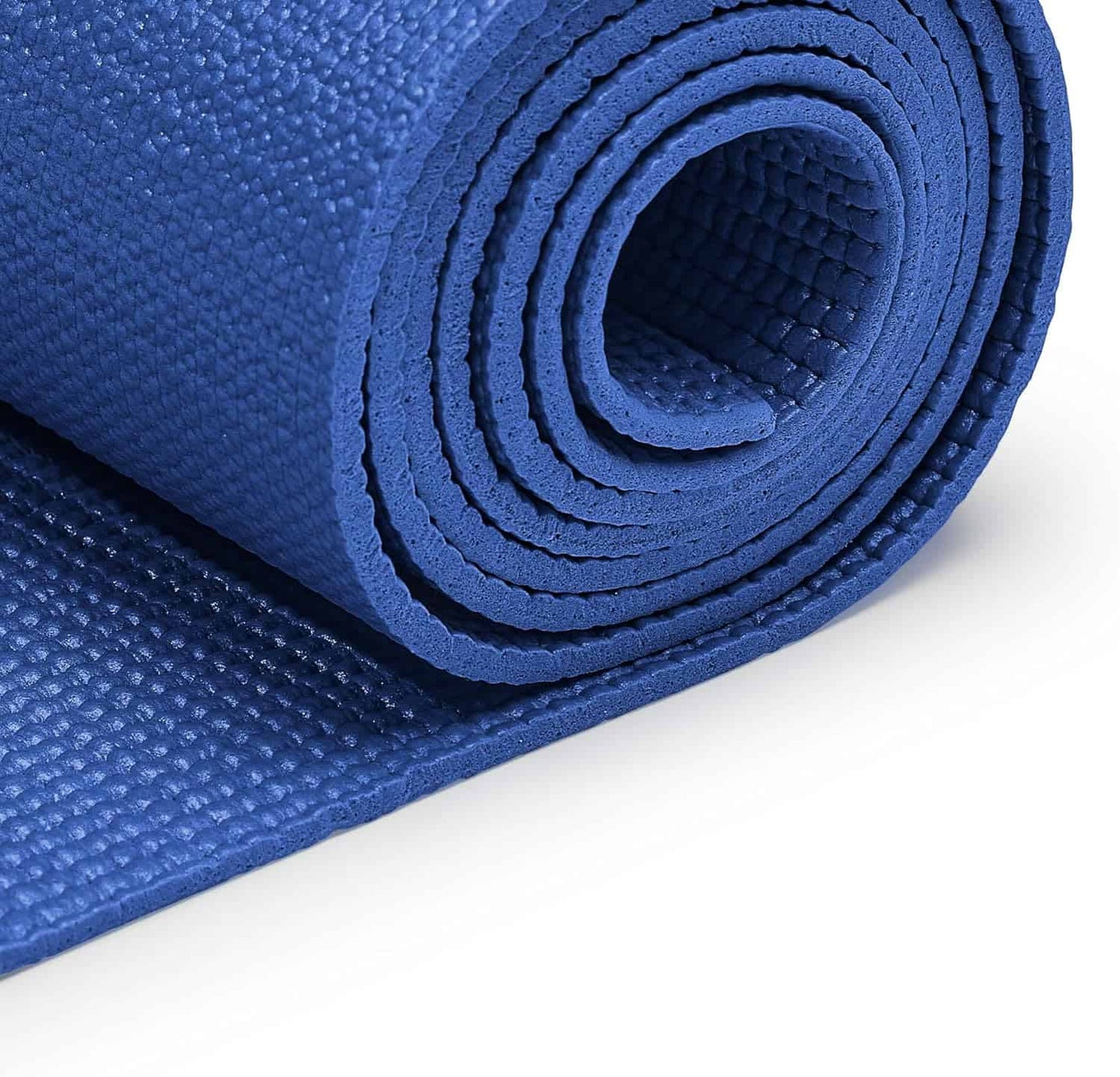 Rolled-up blue yoga mat on a white background