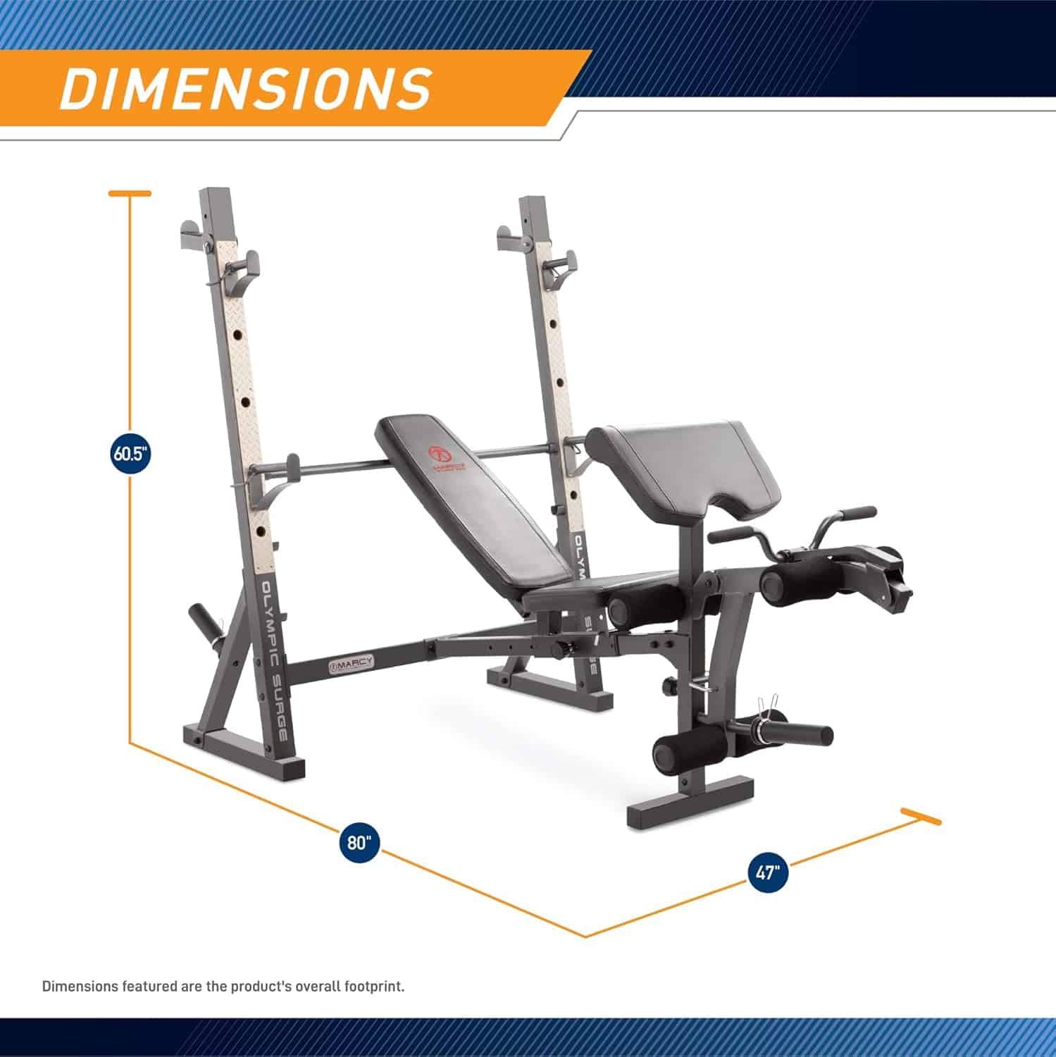 Weight bench with dimensions displayed on a white background