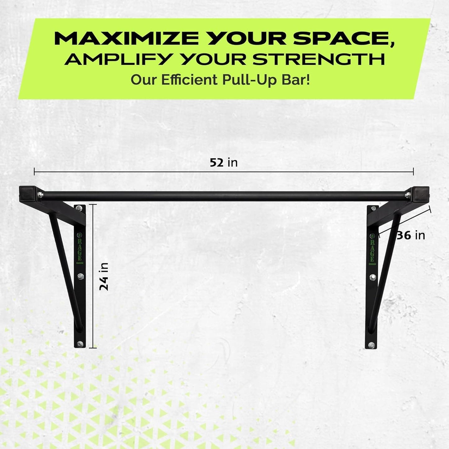 Wall-mounted pull-up bar with dimensions on a light gray background