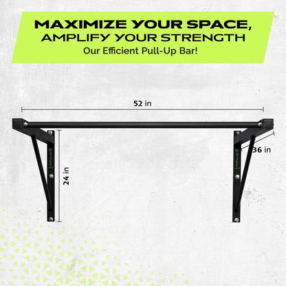 Wall-mounted pull-up bar with dimensions on a light gray background