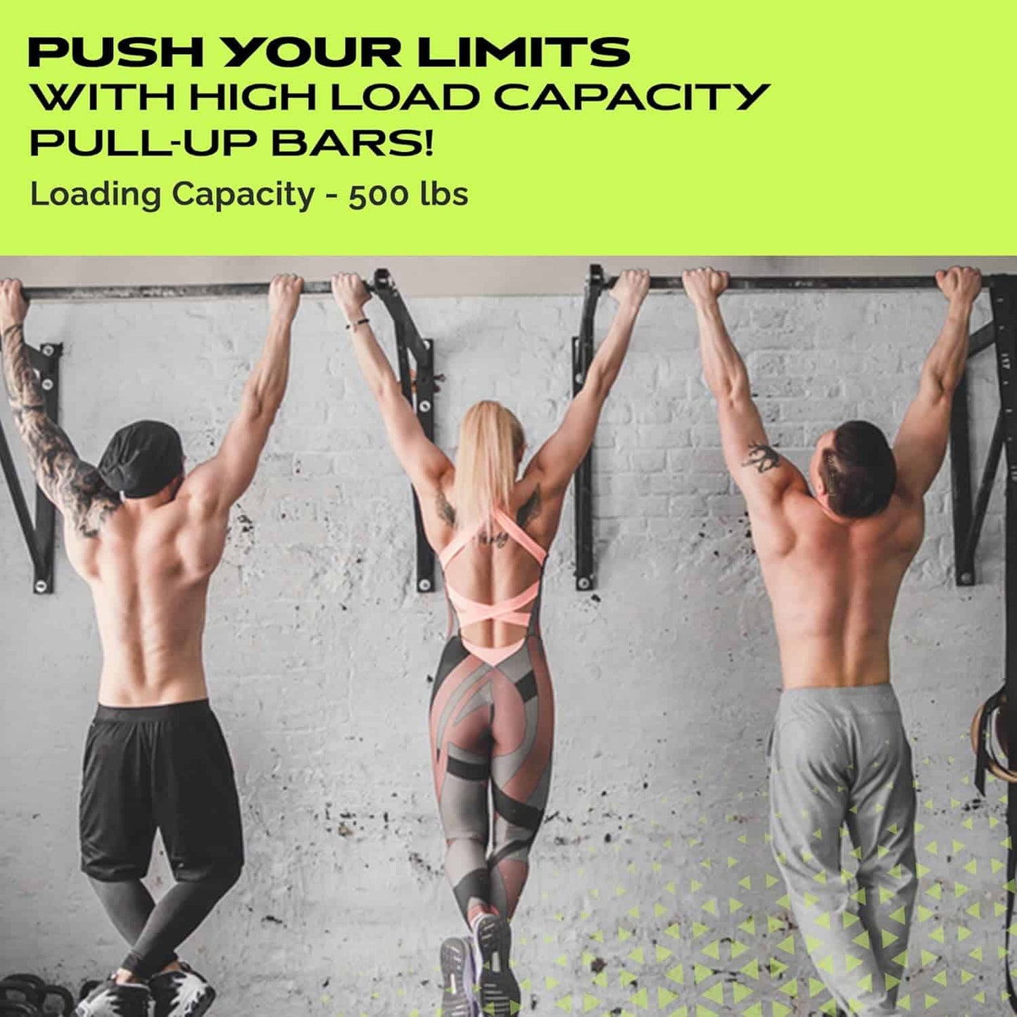 Three people using pull-up bars with promotional text about high load capacity on a green background