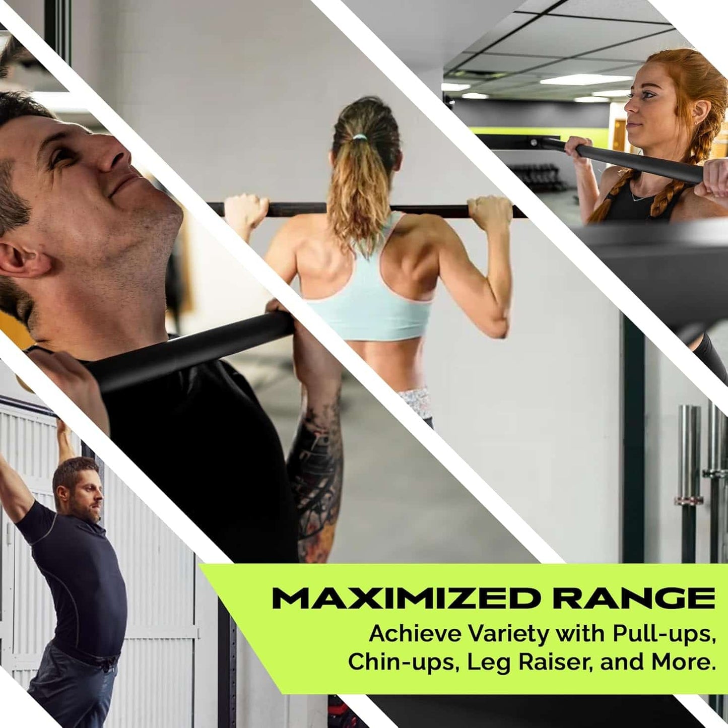 Collage of people exercising with pull-up bars in a gym setting, promoting maximized range of motion.