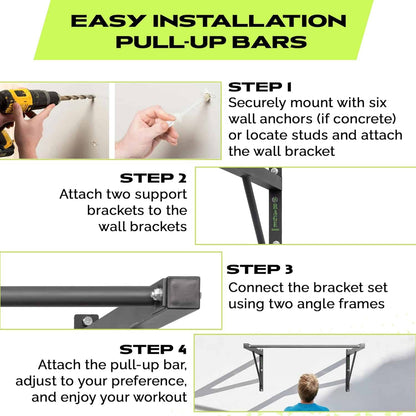 Step-by-step guide for installing pull-up bars with text and images.