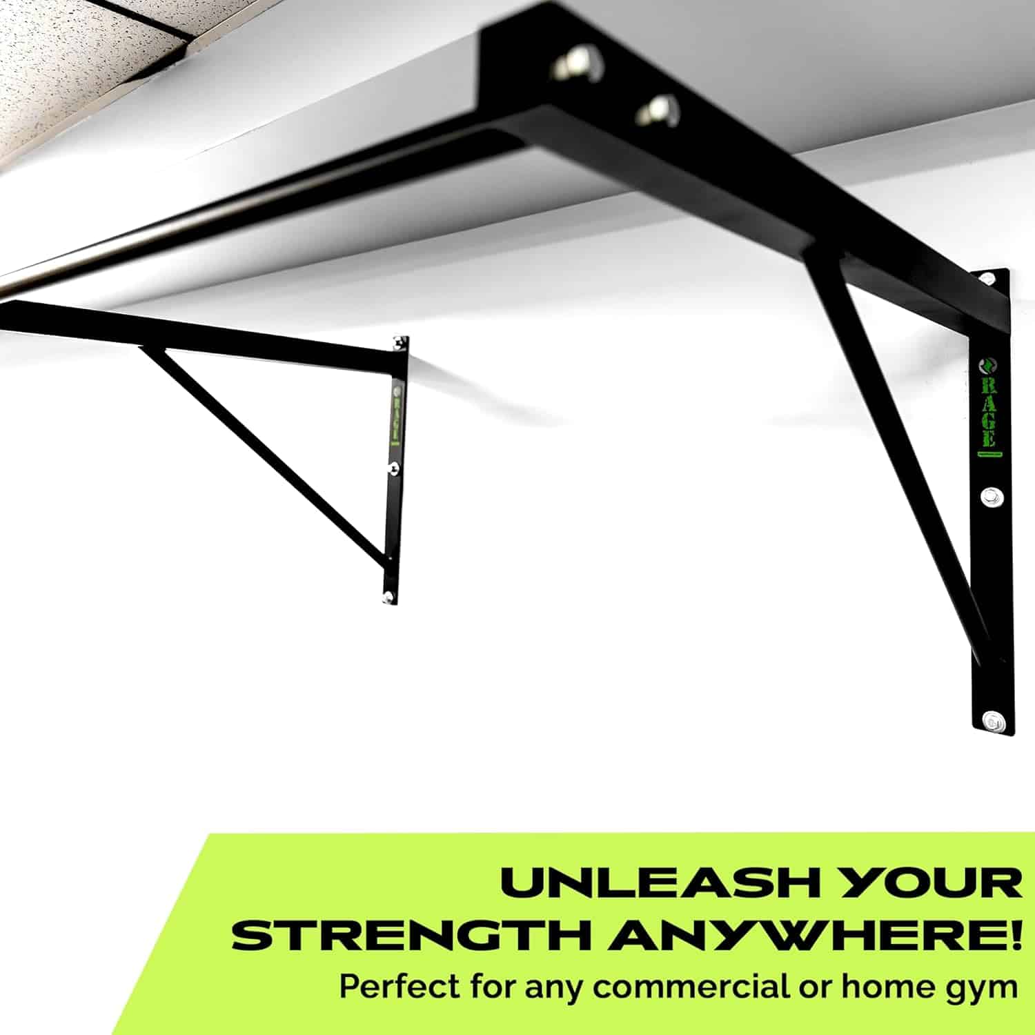 Black pull-up bar attached to a white wall with promotional text on a green banner.