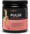 Legion Pulse pre-workout supplement container with strawberry kiwi flavor on a white background