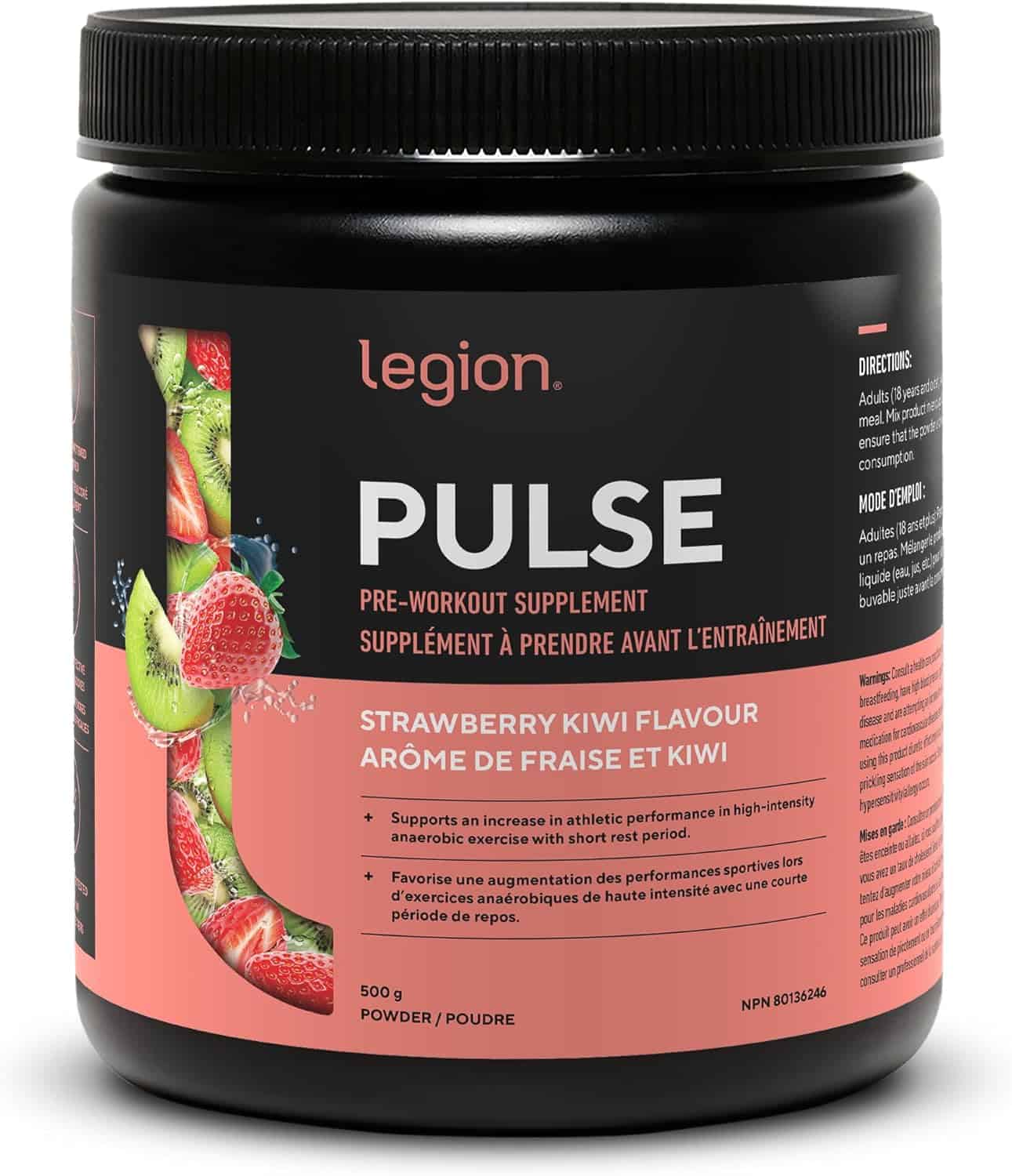 Legion Pulse pre-workout supplement container with strawberry kiwi flavor on a white background