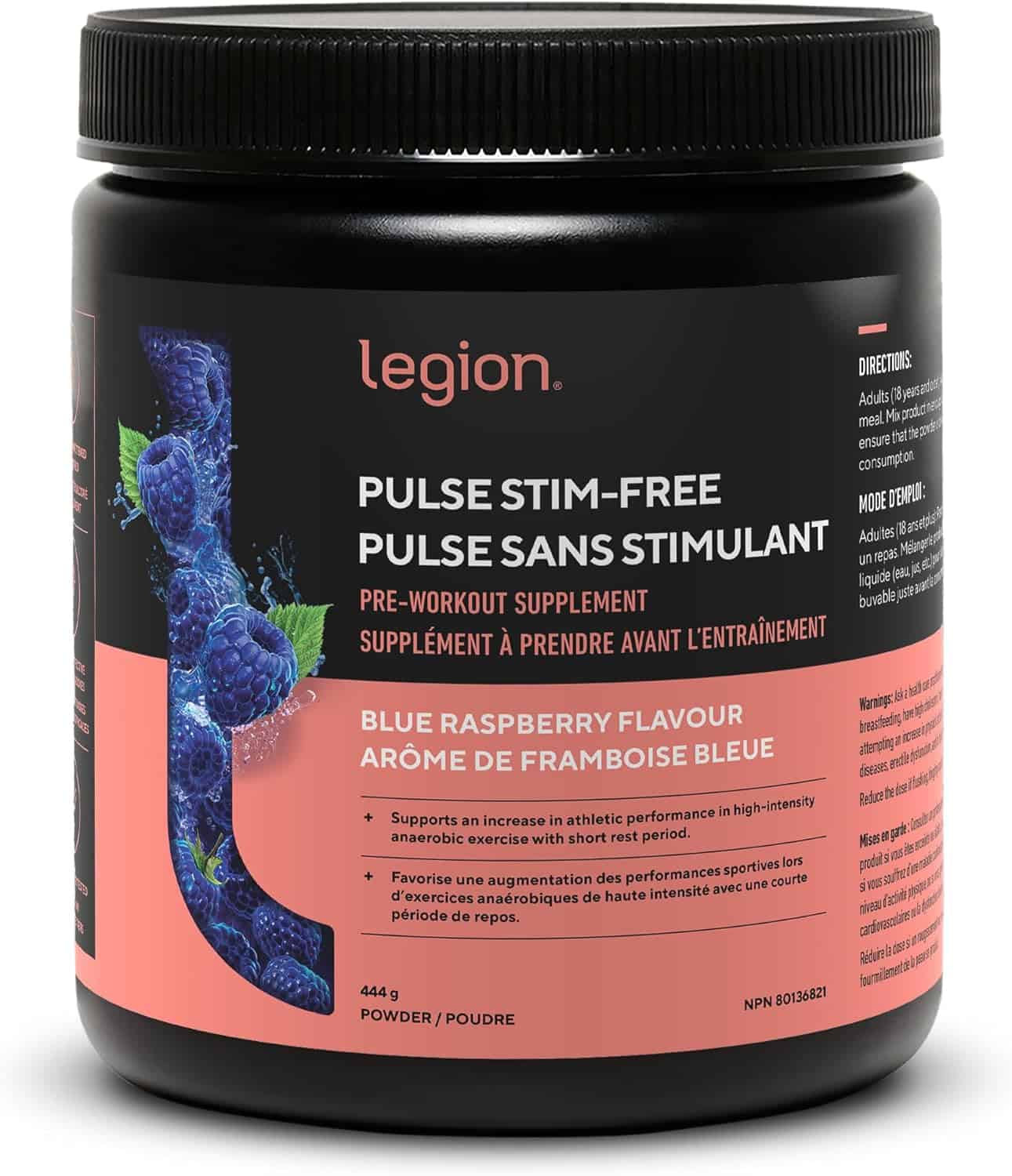 Black supplement container with blue raspberry flavor label on a white background