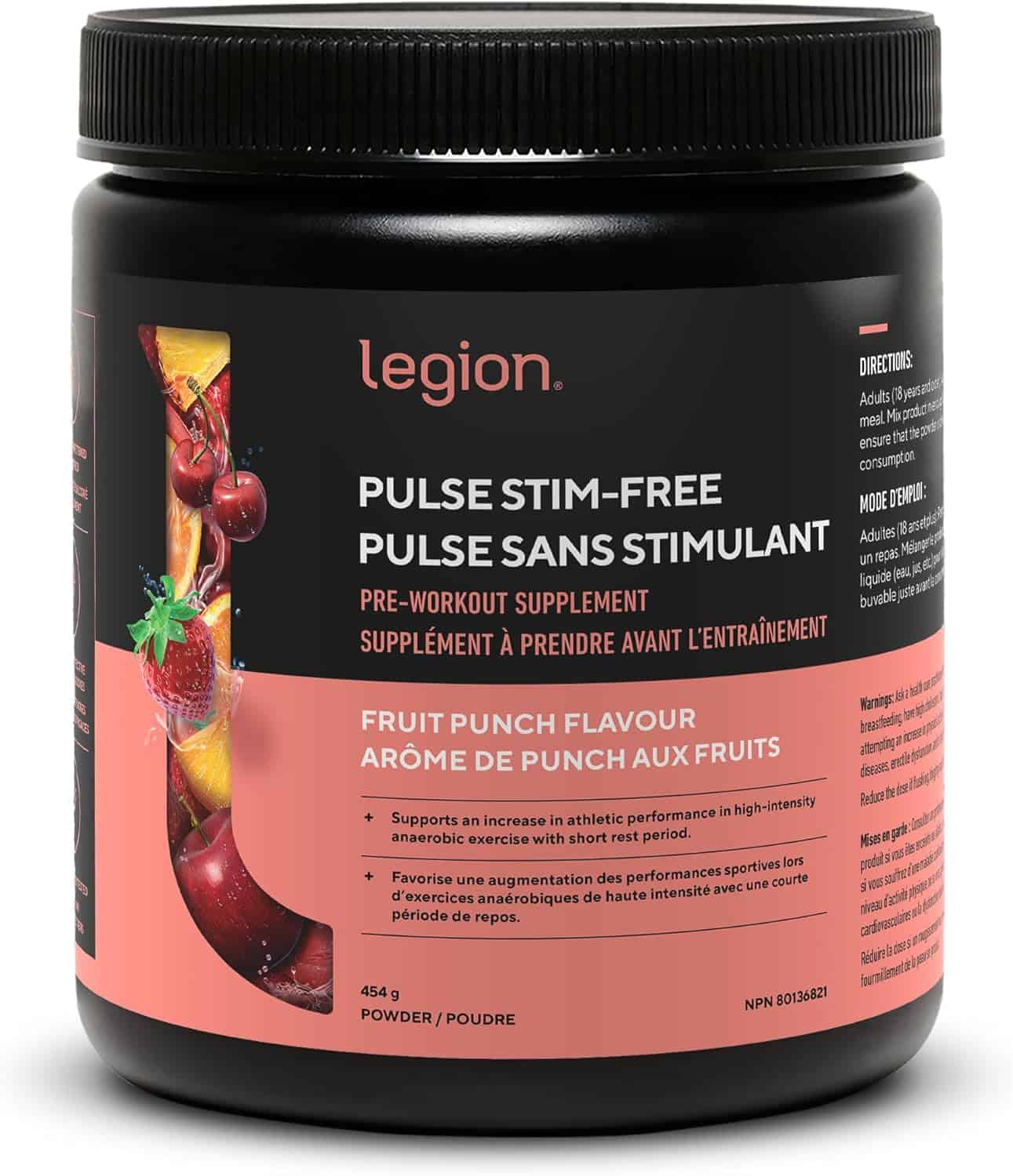 Black supplement container with red label featuring 'Legion' brand on a white background