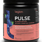 Black supplement container labeled 'Legion Pulse' with blue raspberry flavor on a white background