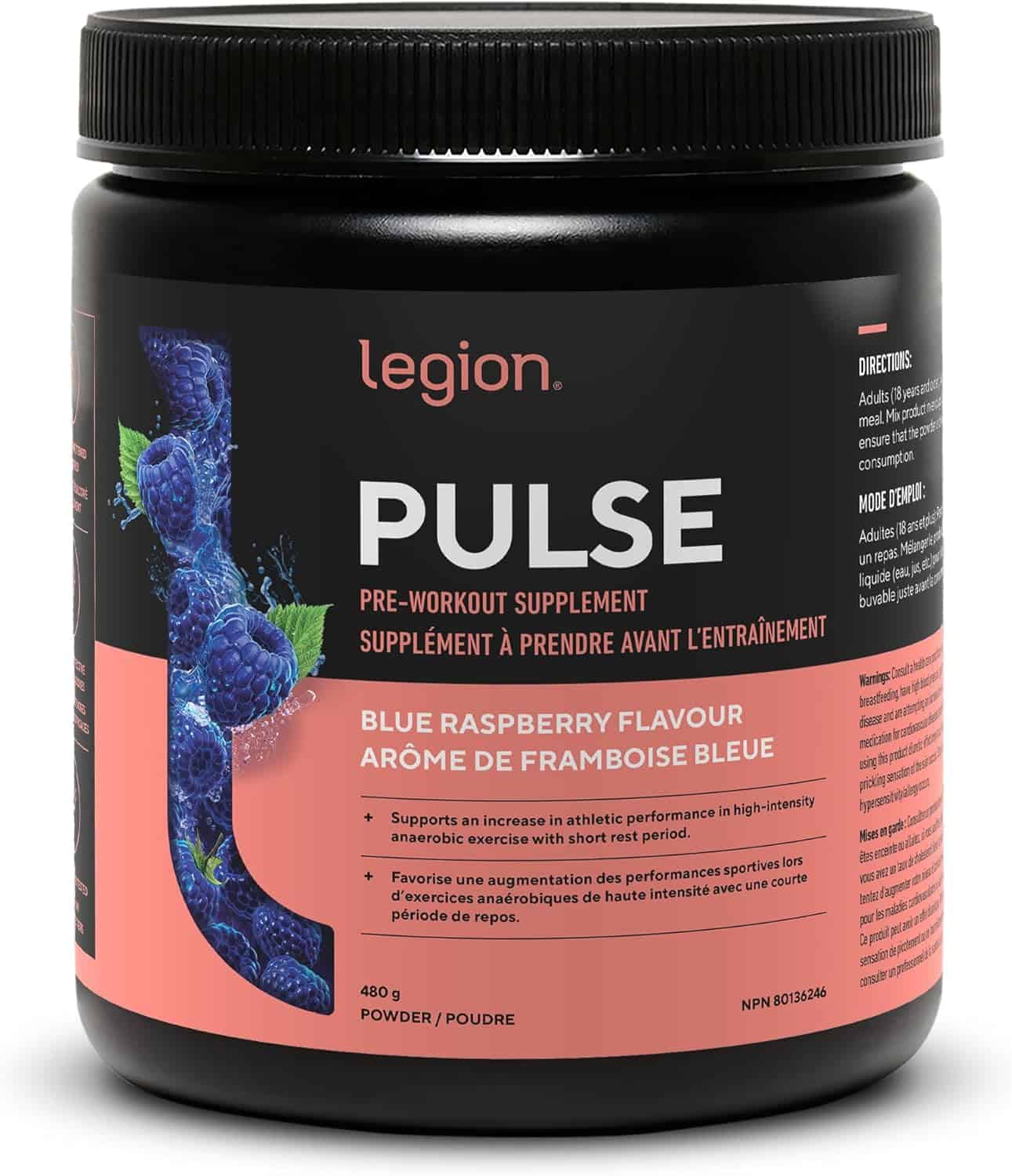 Black supplement container labeled 'Legion Pulse' with blue raspberry flavor on a white background