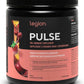 Black supplement container labeled 'Legion Pulse' with fruit punch flavor on a white background