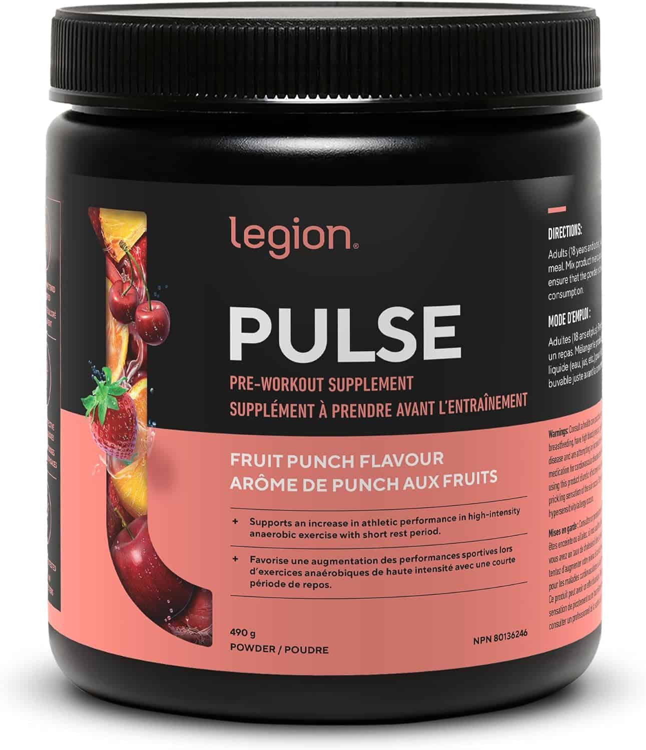 Black supplement container labeled 'Legion Pulse' with fruit punch flavor on a white background