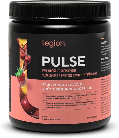 Black supplement container labeled 'Legion Pulse' with fruit punch flavor on a white background