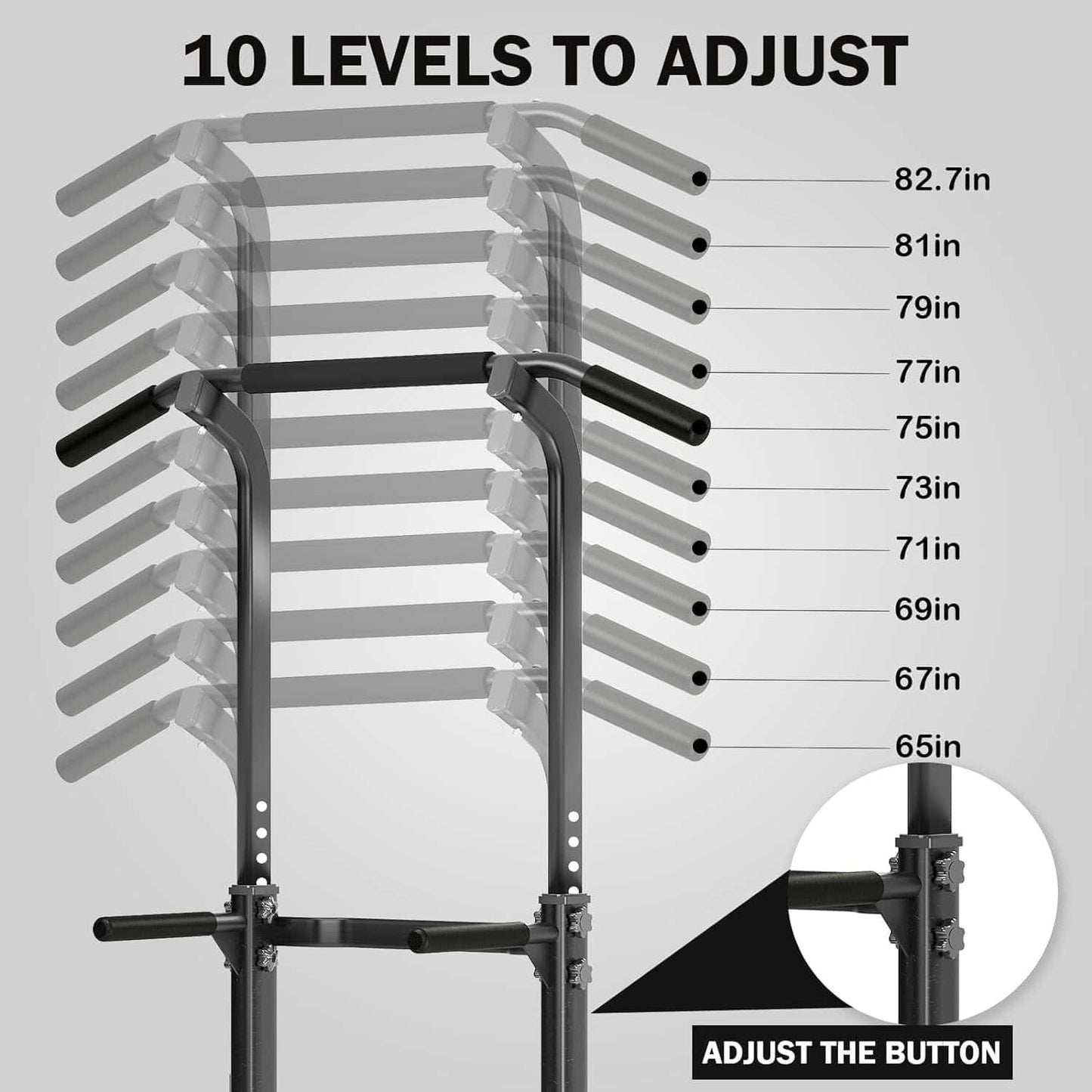 Adjustable pull-up bar with height measurement labels on a gray background