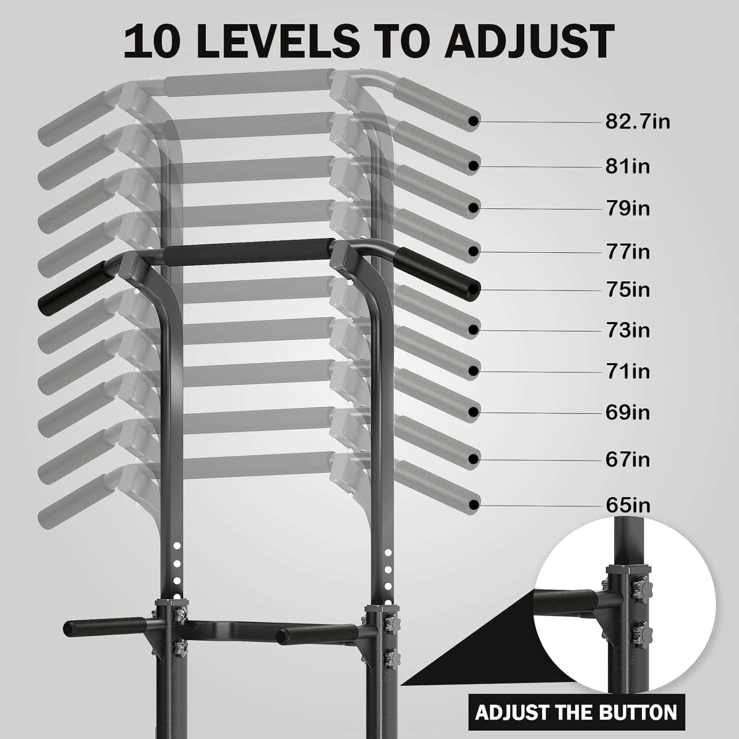 Adjustable pull-up bar with height measurement labels on a gray background